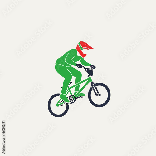 Person on bicycle performing a jump wearing helmet and protective gear.