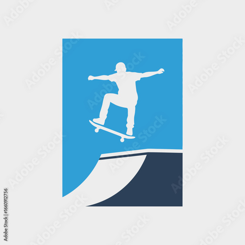 Skateboarder performing a trick on a ramp against blue background.