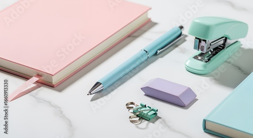 Pastel Office Supplies on Marble: Notebook, Pen, Stapler, Eraser, Binder Clips
