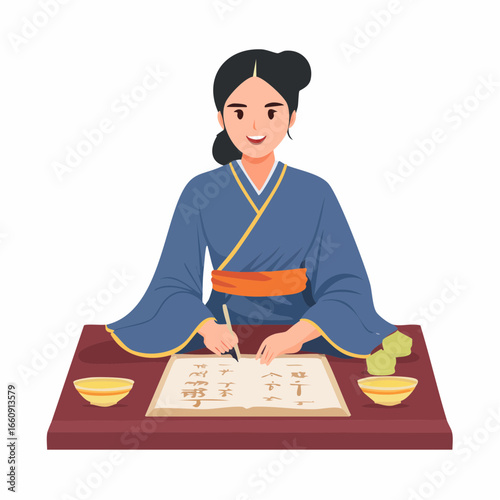 Traditional Chinese Calligraphy: Female Artist at Work