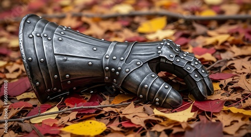 Medieval gauntlet armor knight hand protection metal glove historical reenactment fantasy autumn leaves