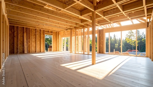 Construction site interior framing, highlighting wood framing and natural light integration in
