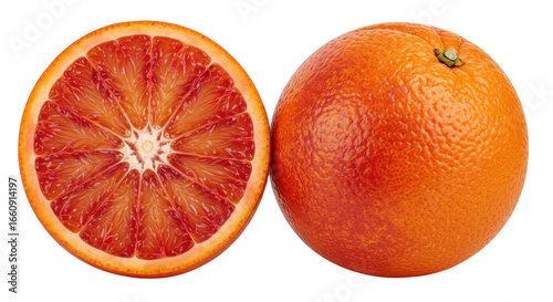 Fresh blood orange slices whole orange isolated on white background showcasing vibrant citrus colors