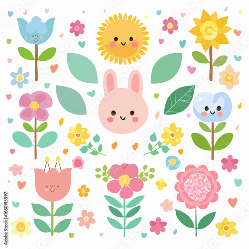 Cute Spring Elements Illustration Set with Adorable Bunny, Happy Sun, and Pastel Flowers