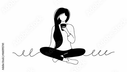 A woman with long hair sits cross legged holding a cup with squiggly lines on either side of her body silhouette