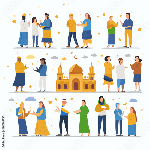 Eid Greetings: Diverse People Exchanging Blessings Near Mosque