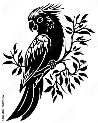 Silhouette of cockatoo bird standing on branch