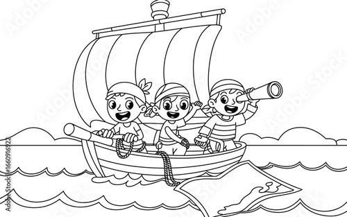 Three cartoon pirates sailing on a ship in the ocean
