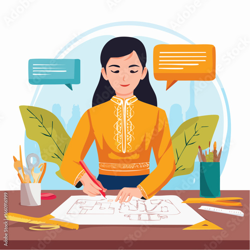 Female Architect at Work: Blueprint Design Illustration