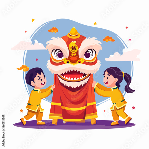 Lunar New Year Celebration: Children Performing Lion Dance