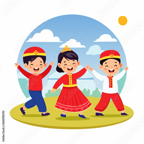 Children Celebrating in Traditional Clothing, Cartoon Illustration