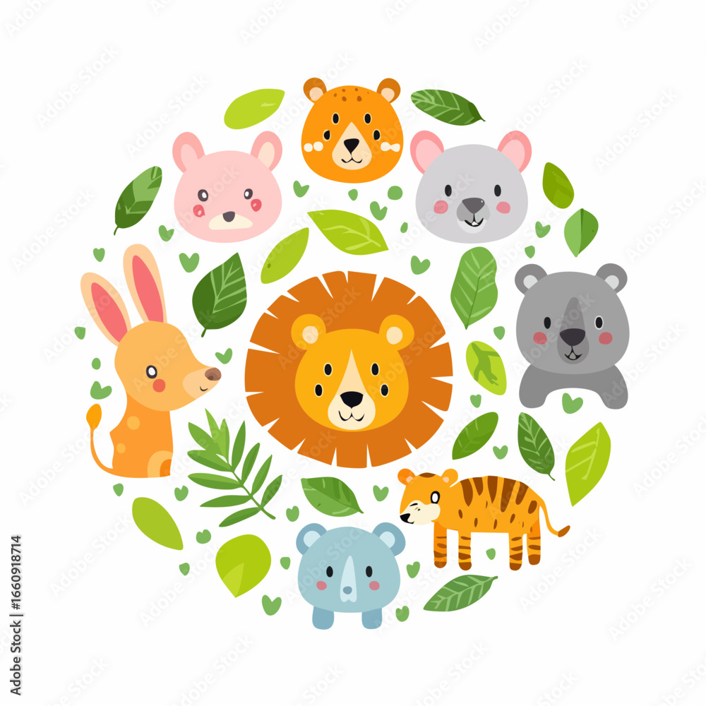Obraz premium Cartoon Animal Faces with Green Leaves - Circle Design