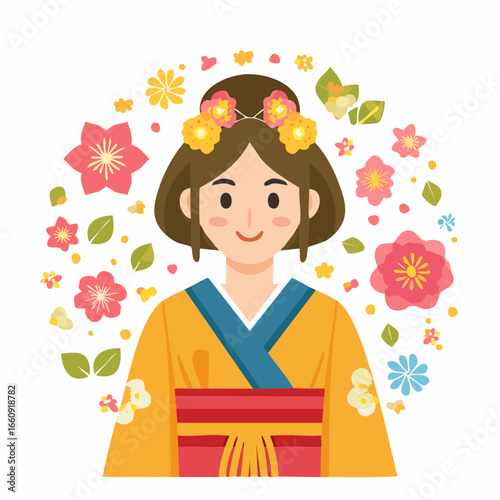 Geisha Girl with Floral Wreath - Vector Illustration