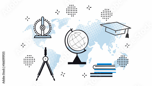 Illustration of education tools including globe compass and books over a world map background design silhouette