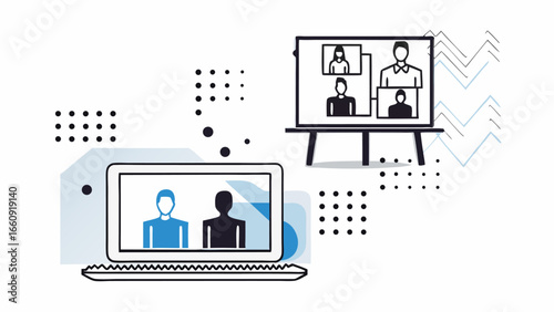 Online meeting illustration showing laptop and presentation board with participants in video conference silhouette