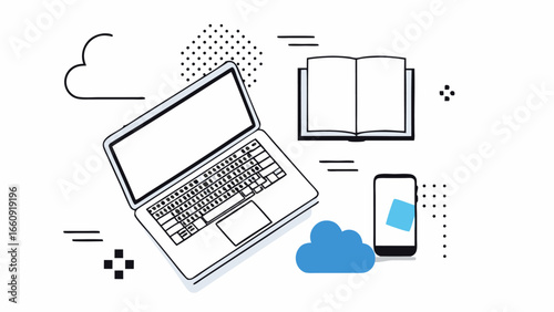 Illustration of laptop, open book, and mobile phone with cloud elements on a white background scene silhouette