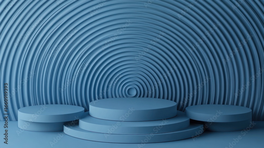 Obraz premium Three blue cylindrical podiums on concentric circles backdrop.