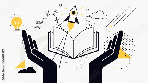 Hands holding an open book with a rocket launching out, surrounded by ideas and geometric shapes silhouette