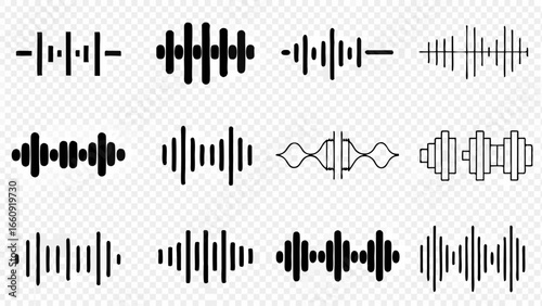 Illustration showing twelve different black sound wave patterns with varying amplitudes and frequencies silhouette