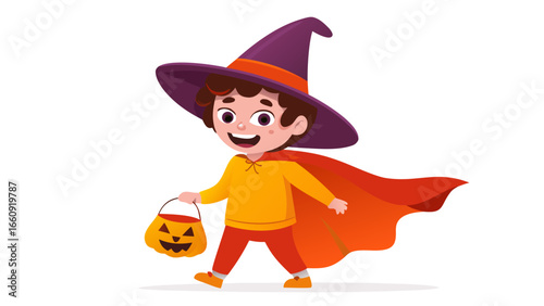 Cartoon boy in halloween costume with witch hat and cape holding pumpkin bucket walking happily silhouette