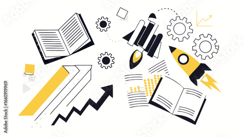 Illustration showing books, rockets, gears, arrows, and graphs on a white background design concept silhouette