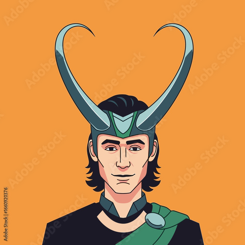 Man with horned helmet against orange background.