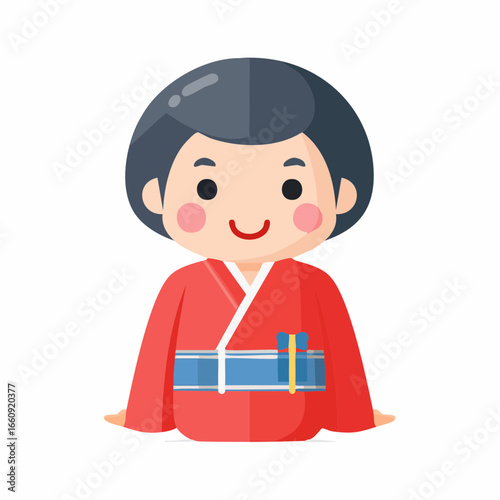 Happy Japanese woman in traditional red kimono, flat vector illustration