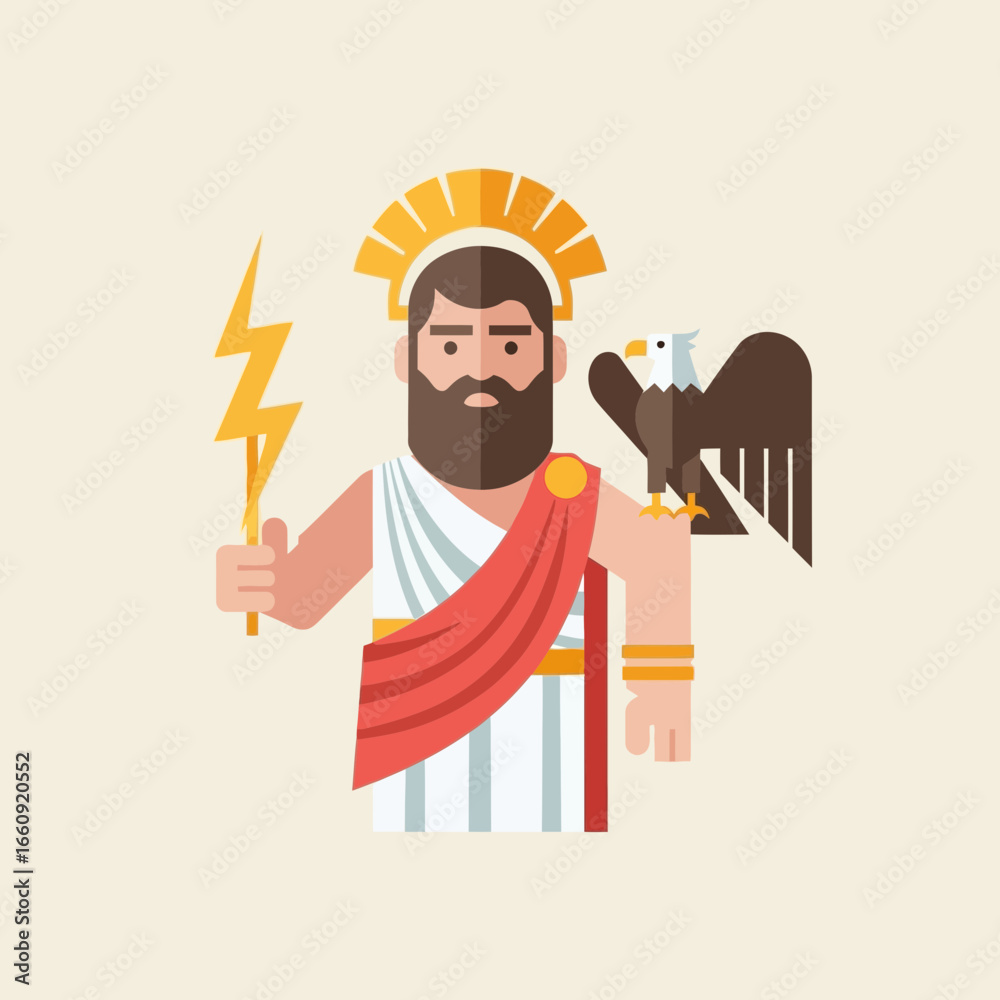 Obraz premium Mythological figure holding lightning bolt with eagle companion.