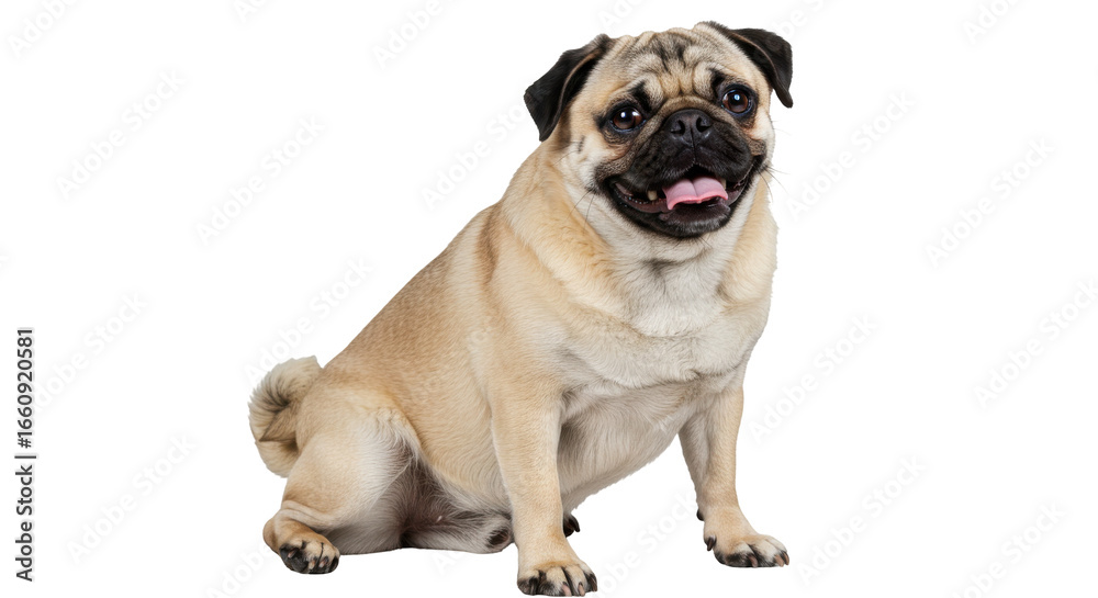 Fototapeta premium Playful pug sitting joyful expression isolated on white background adorable domestic pet animal