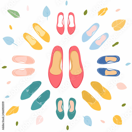 Colorful Women's Flat Shoes Collection with Spring Leaves Illustration