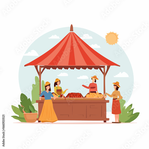 Local Market Stall with Fresh Produce, Vendors, and Customers in Flat Design Illustration