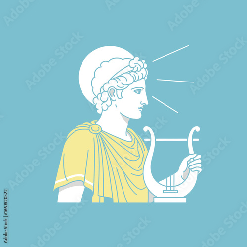 Ancient statue of a figure holding a lyre against a blue background.