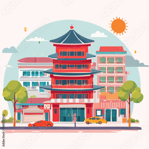 Vibrant Asian City Street with Traditional Pagoda Building & Modern Architecture in Flat Design