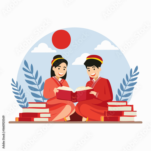 Children in traditional costume reading books, symbolizing learning, culture, and wisdom