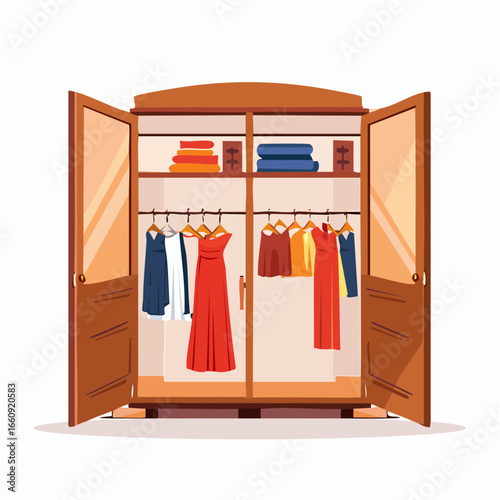 Open wooden wardrobe with clothes on hangers and shelves. Organized closet storage concept illustration.