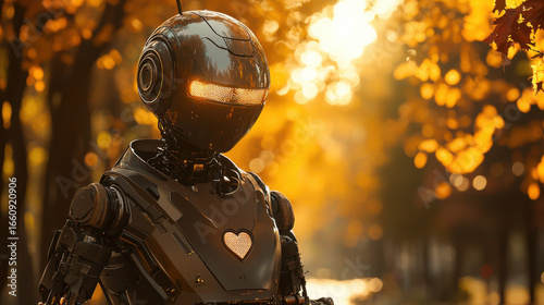 A sleek, humanoid robot, its metallic skin gleaming in the golden sunlight, zipped along a vibrant autumn alleyway on a two-wheeled companion. Its artificial heart thrummed with a newfound joy 