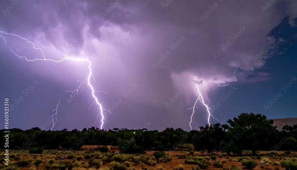 Fototapeta premium Dramatic Lightning Strikes Illuminate a Stormy Night Sky Over a Desert Landscape.