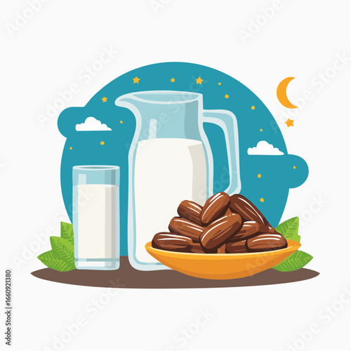 Ramadan Iftar: Dates, Milk, and Crescent Moon Illustration