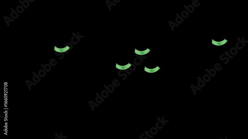 A vibrant animation of glowing green currency bills falling through the dark, symbolizing a rain of money, financial success, and profit.