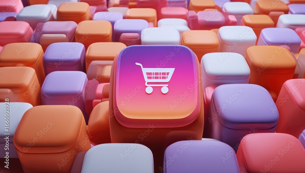 Fototapeta premium Shopping cart icon on a colorful geometric background.