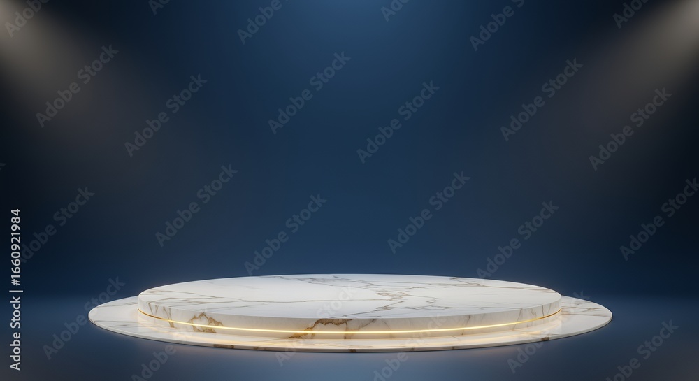 Obraz premium Elegant marble stage – Circular stage with polished white marble texture and subtle golden veins, luxury spotlight, soft gradient background.