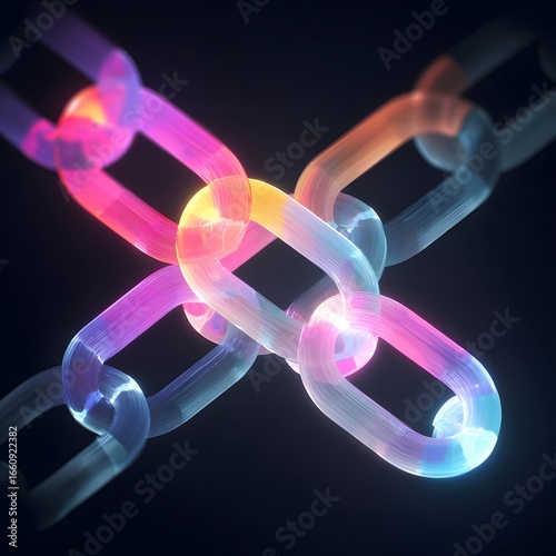 Colorful illuminated chains intertwined against a dark background, symbolizing connection and unity
