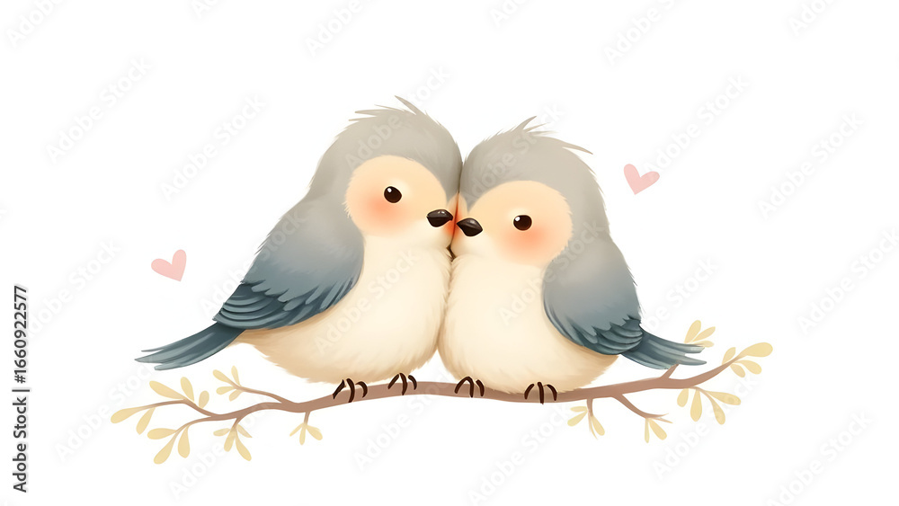 Obraz premium A pair of fluffy, cartoon-style lovebirds with rosy cheeks, perched affectionately on a branch.