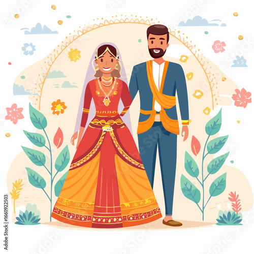 Indian Wedding Couple in Traditional Attire, Illustration