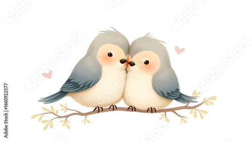 A pair of fluffy, cartoon-style lovebirds with rosy cheeks, perched affectionately on a branch.