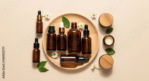 Amber glass bottles and jars of various sizes, arranged on a wooden tray with small white flowers and green leaves, on a beige background, showcasing skincare or beauty products