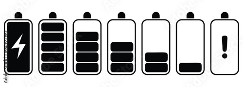 Battery charge icon set. Battery charging, charge indicator. Battery energy level, powerfully battery icon vector.  Vector illustration. 