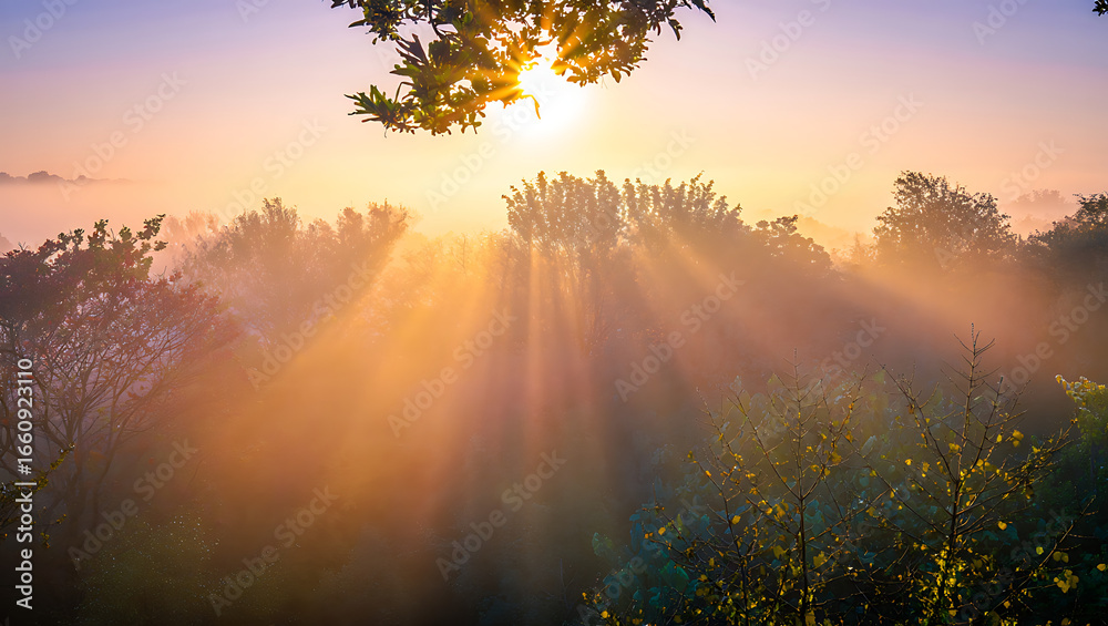 Fototapeta premium Golden sunbeams pierce through morning mist illuminating a lush forest canopy with vibrant orange and yellow hues creating a serene and magical atmosphere
