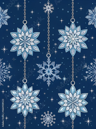 Elegant seamless pattern of sparkling hanging snowflakes and stars on a dark blue winter night background