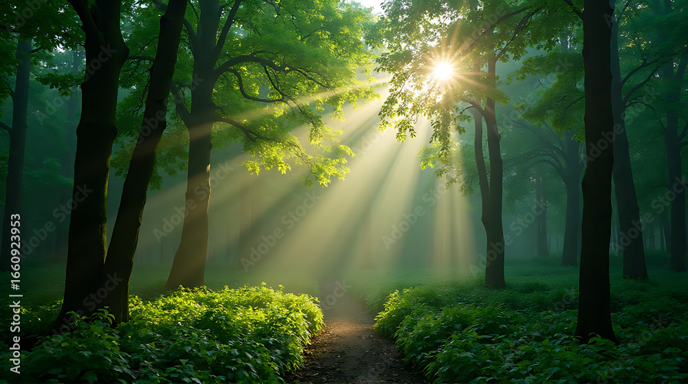 Obraz premium Enchanting Sunlight Streaming Through Forest Canopy Illuminating Path Creating Ethereal Scene